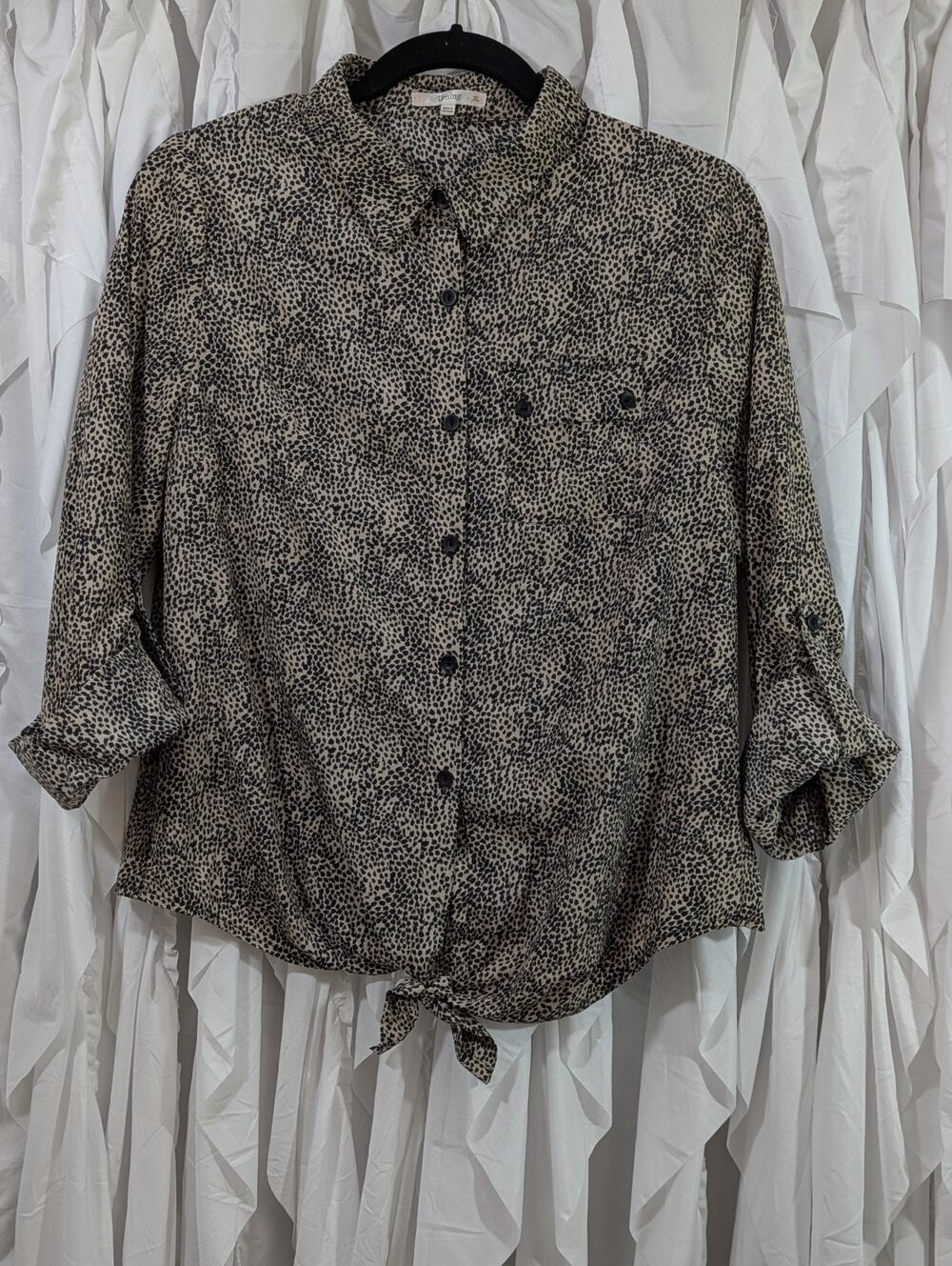 Timing Leopard Print Front Tie Button Up Shirt Womens XL Roll Tab Sleeve Top